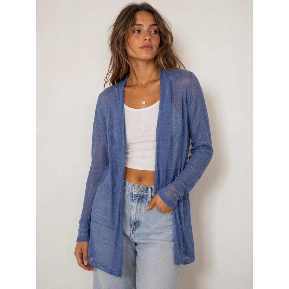NIC+ZOE XS Linen Cornflower Blue Sheer Open Front Longline Cardigan Sweater NWT